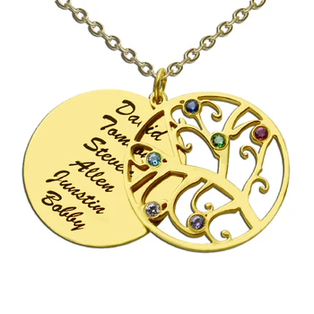 

AILIN Birthstone Family Tree Necklace Gold Color Personalized Mom Necklace Engraved Our Family Name Necklace Gift for Mother