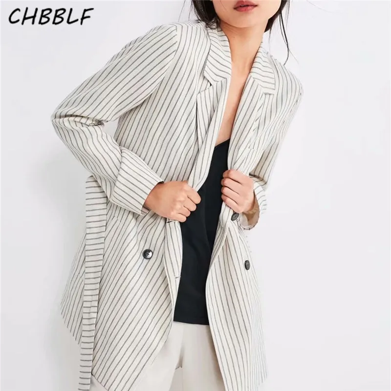 

CHBBLF women notched collar long sleeve striped blazer bow tie sashes coat elegant female wear tops O1002