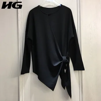 

HG Lacing Spliced T Shirt Women Black Long Sleeve O Neck Irregular Personality Fashion Joker 2019 New Autumn Top Lady ZYQ1573