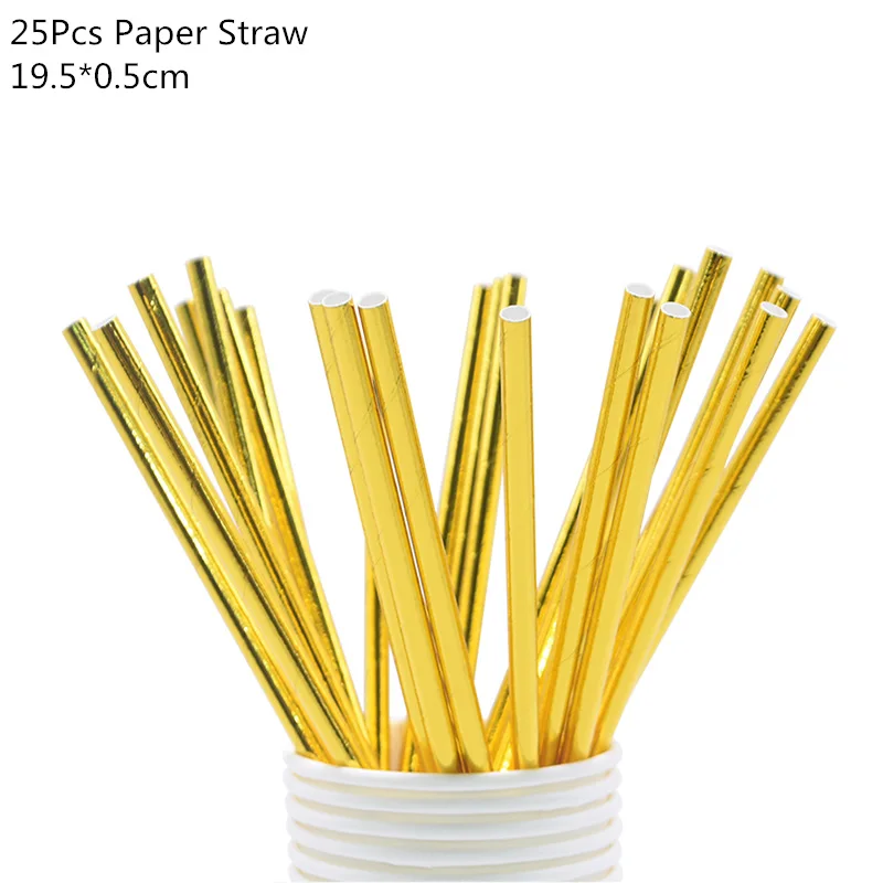 25pcs paper straw Золотой горошек одноразовая посуда набор бумажная листовая бумага чашки соломки для дней рождения вечерние украшения дети взрослые свадебные принадлежности - Цвет: 25pcs paper straw