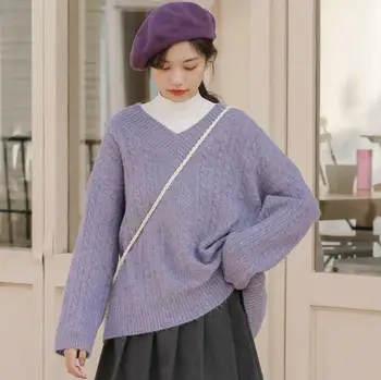 

2020 Trend Women's Autumn Winter New Fashion Sweet Knitwear Twist V-neck Lazy Wind Sweater All-match Loose Casual Temperament