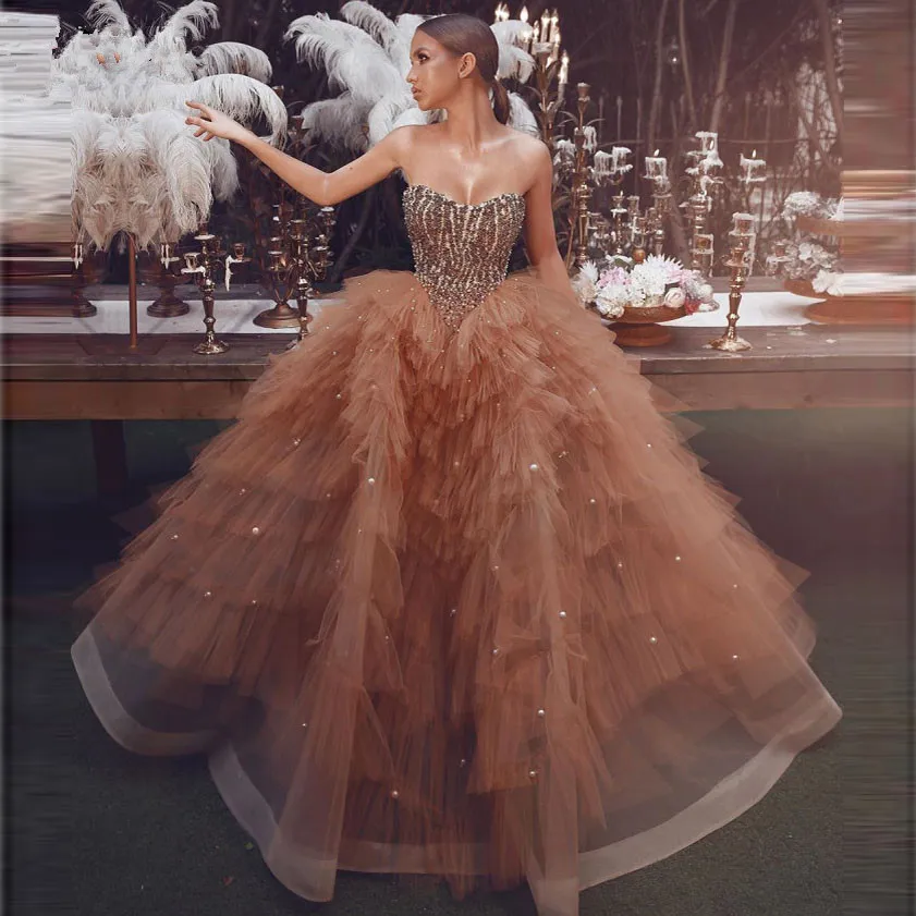 blue ball gown Amazing Beaded Champagne Ball Gown Prom Dresses 2022 Unique Tiered Tulle Pearls Heart Arabic Evening Dress Gown Vestidos de gala blue ball gown