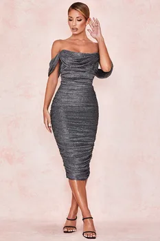 

Deiveteger fashion grey lurex sparkle off shoulder bandage dress Luxury women pencil party club bodycon dress Vestidos