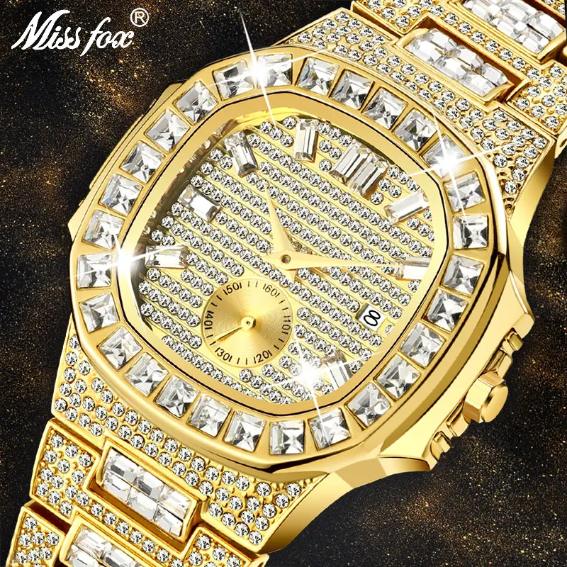 MISSFOX Luxury Men Watch Gold 18K Model Fully Paved Baguette Diamond Mens Watches Waterproof Calendar Male Clock Hours alloy aircraft f 14b male cat fighter finished metal model wing variable wheel can be replaced with bracket trim