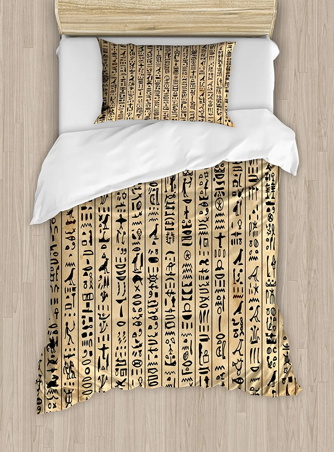 Egyptian Duvet Cover Set Ancient Hieroglyphs Grunge Pattern on Stripes