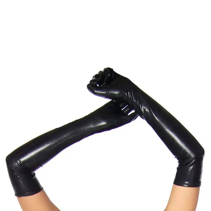 Long gloves in leather optics One Size Black- Black