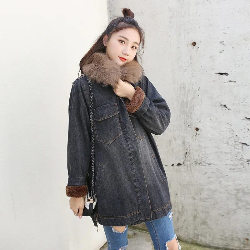 

Ozhouzhan 2018 Winter Korean-style plus Velvet Cowboy Cotton Coat Women's Mid-length Lambs Wool Cotton-padded Clothes Loose-Fit