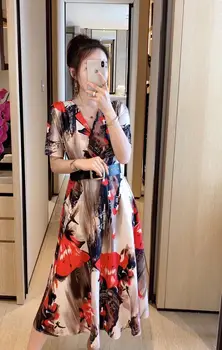 

Summer Dress Women Hot Fashion Short sleeve V-Neck Belt Floral Print Vintage Female A-Line Runway Dress 2020