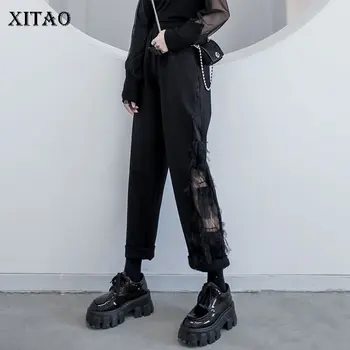 

XITAO Original Design Mesh Patchwork Pants Women Clothes 2020 Fashion New High Waist Slim Personality Elastic Waist XJ3509