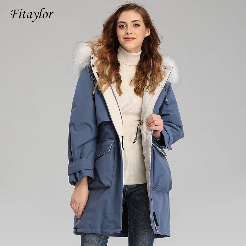 

Fitaylor Long Down Parkas Winter Jacket Women White Duck Down Aritificial Fur Coat Female Sash Tie Up Hooded Warm Oversize