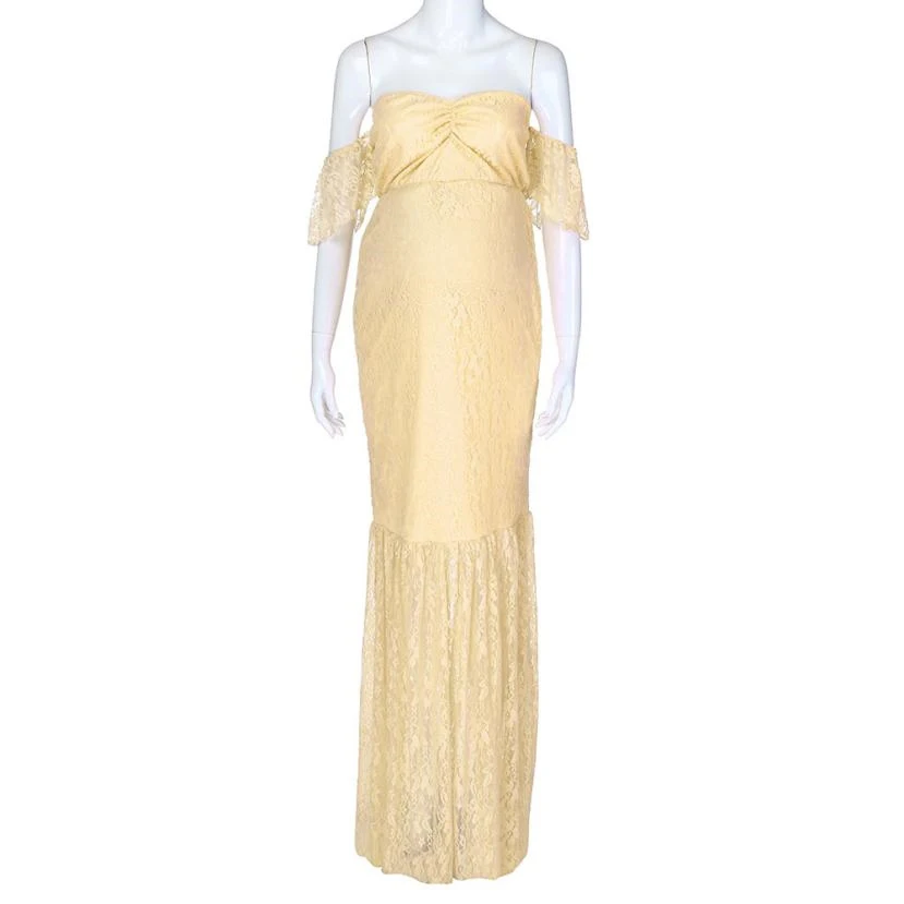 Maternity Slash Neck Dress for Photo Shoot Maxi Gown Maternity Chiffon Dress for Pregnant Women Sexy Maternity Photography Props - Цвет: Светло-желтый