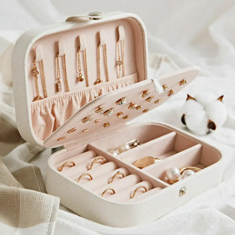  1PC Large Capacity Jewelry Box Ring Earring Necklace Storage Case PU Leather Travel Organizer Pink 
