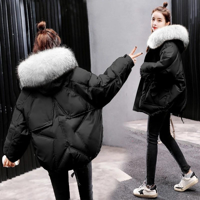 Пуховая хлопковая стеганая куртка женская Новая женская осенняя/зимняя короткая свободная стеганая куртка из хлопка пальто Зимняя мода - Цвет: black