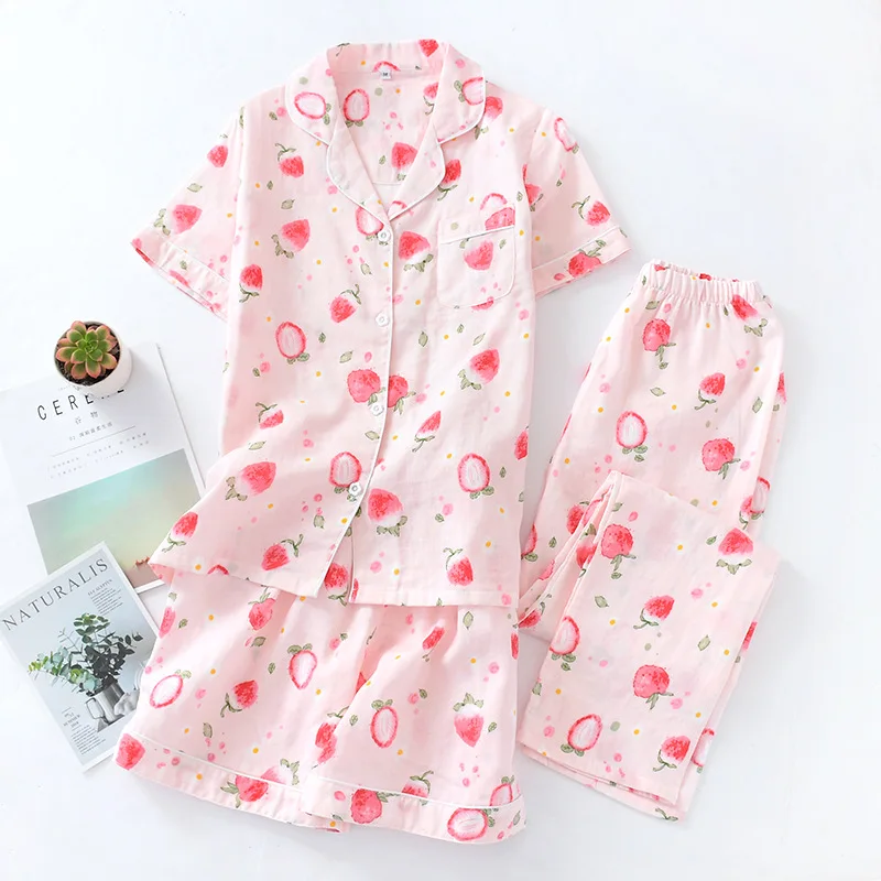 Комплект из 3 предметов, свежая женская летняя Пижама с коротким рукавом, Марлевое хлопковое ночное белье, женские корейские пижамы, шорты, домашние штаны, новинка, распродажа - Цвет: 3 pcs-9