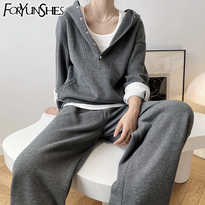 

FORYUNSHES 2020 Autumn Winter Women thick fleece cotton suit 2 pieces sets Gray hoodies sweatshirt and pants Black Casual suits