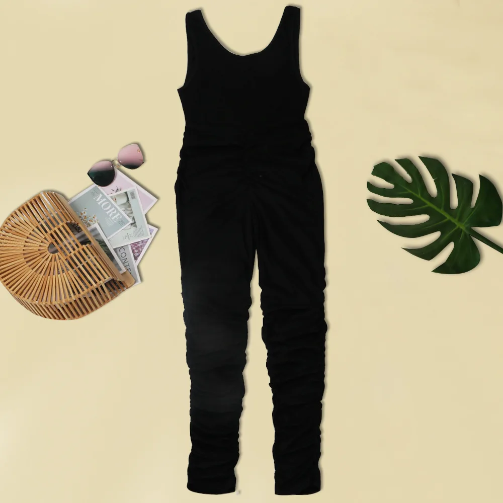 Solid Color Side Cut Out UP Skinny Jumpsuits Sleeveless Summer Women Fashion Casual Bodycon Bandage Ruched Sexy Rompers
