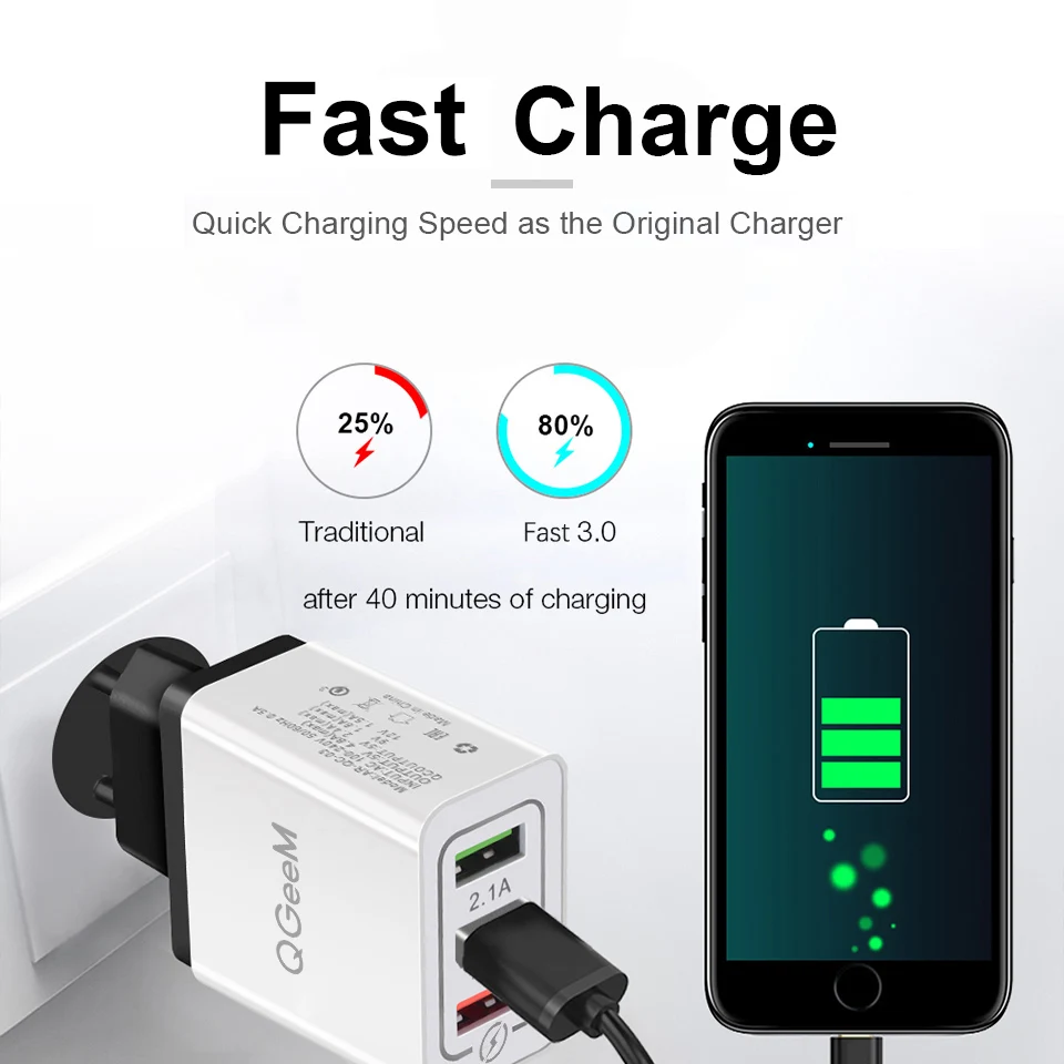 QGEEM 3 порта USB зарядное устройство для iPhone X Xiaomi EU US вилка QC 0 быстрое телефона