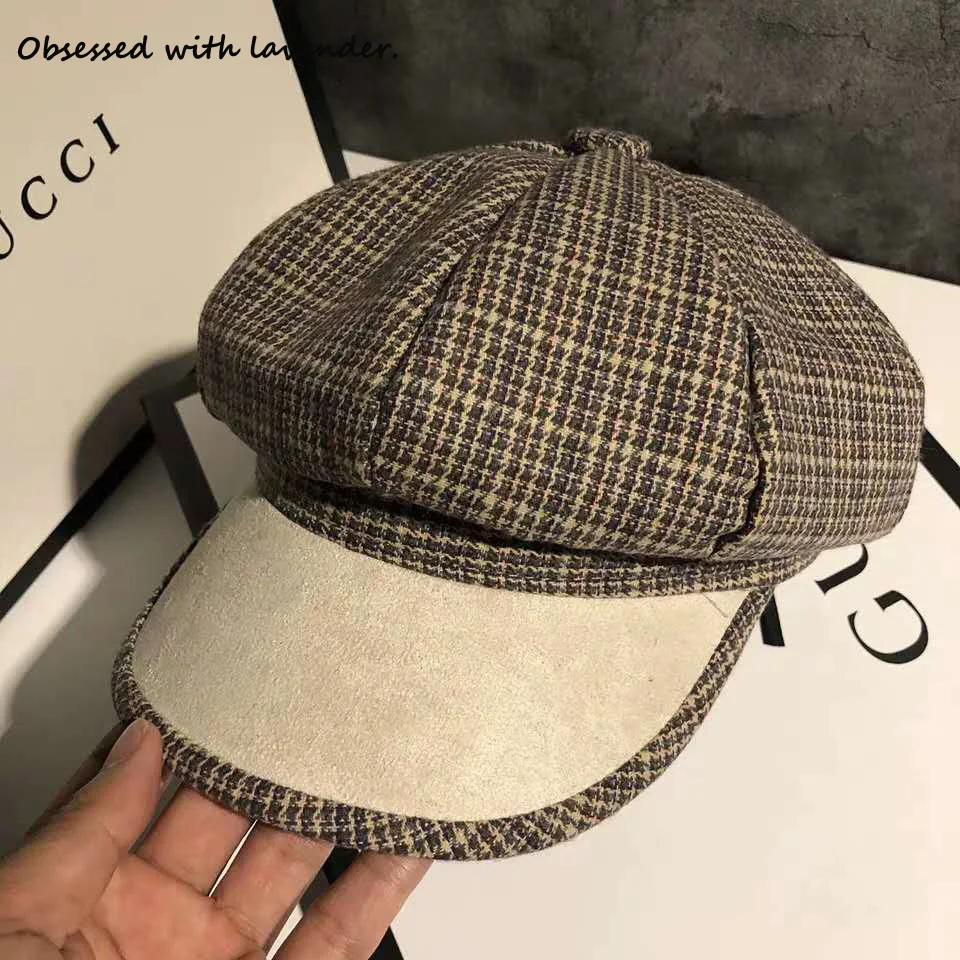 

Obsessed with lavender.Hat female fall/winter checkered Japanese octagonal Hat English newsboy Hat retro personality painter Hat