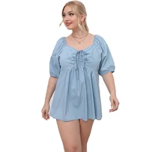 

Square Collar Light Blue Plus Size Tops Women's Clothing New Short Sleeve Pure Color Shirring Loose Peplum Top Daily Casual Wear