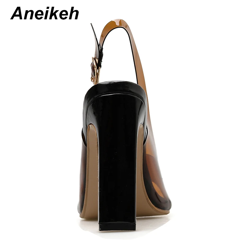 Aneikeh sexy Black PVC Women Heeled Sandals Ankle Strap Pumps Super High Heels Peep Toe Buckle Strap Slingback Dress Lady Shoes