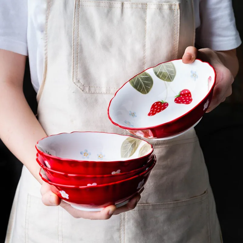 WSHYUFEI 6Inch Strawberry Ceramic Salad Bowls Dessert Bowl Soup Noodle Heat Resistant Microwave | Дом и сад