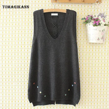 

Sweater Sleeveless Women Vest Colorful Buttons Cross Tieback Waistcoat for Girls 2XL-4XL