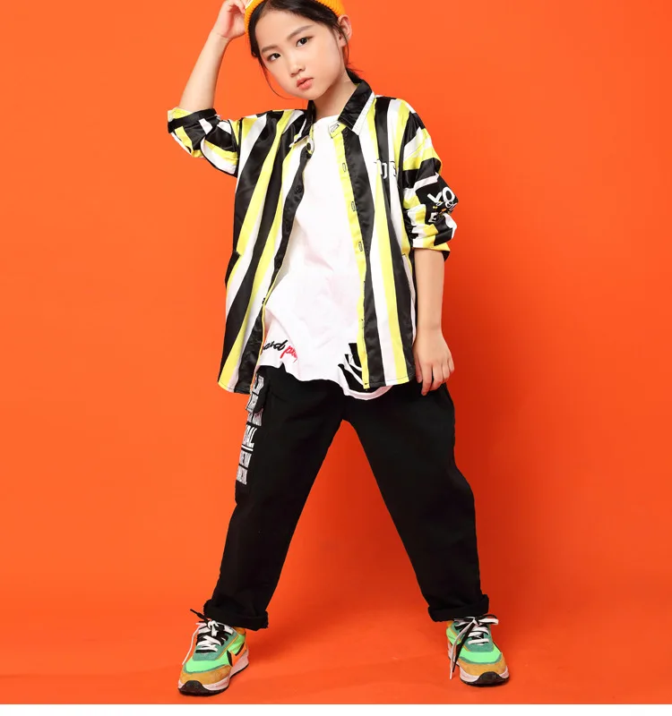 Детский комплект одежды в стиле хип-хоп, рубашка, полосатые глянцевые рубашки, штаны для девочек и мальчиков, костюмы для джазовых танцев, костюмы для Бальных уличных танцев