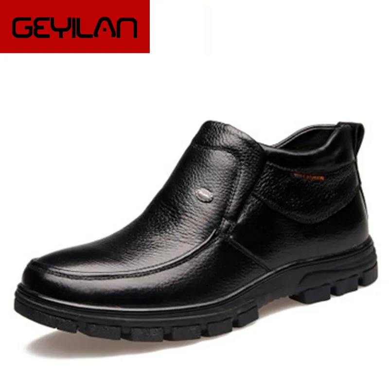 

New Handmade Men Black Genuine Leather Winter Ankle Boots High Quality Thick Wool Warm Snow Boots For Male Business Dress Shoes