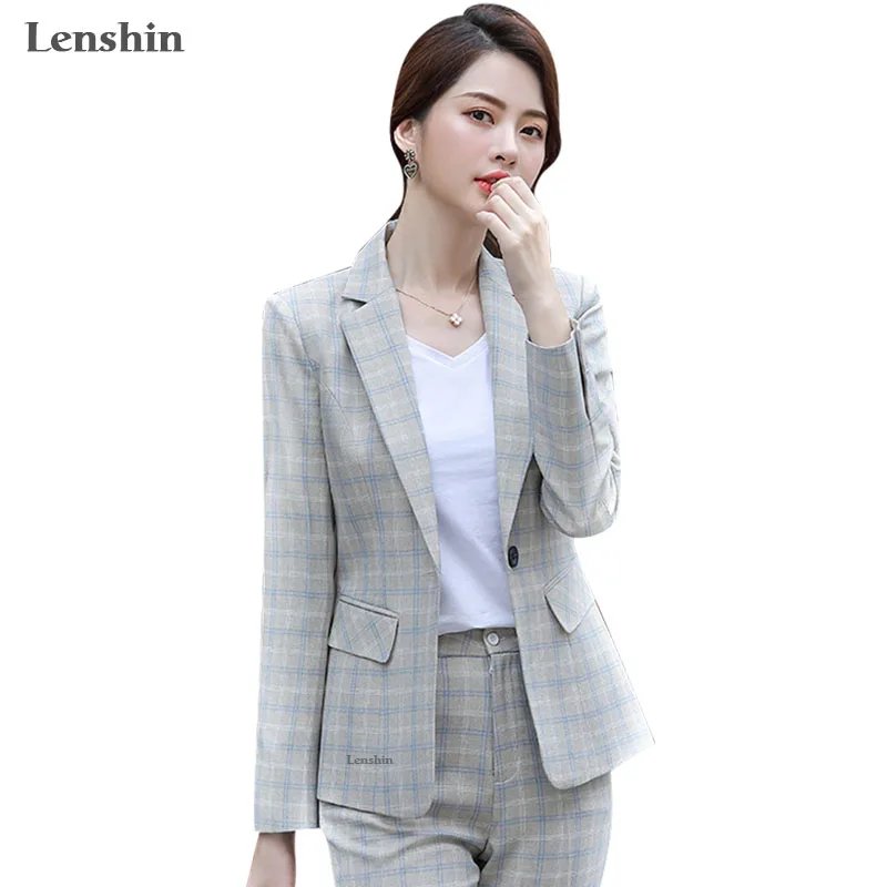 Lenshin, высококачественный комплект из 2 предметов, клетчатый Деловой брючный костюм, блейзер, офисный дизайн, Женский мягкий пиджак и брюки длиной до щиколотки