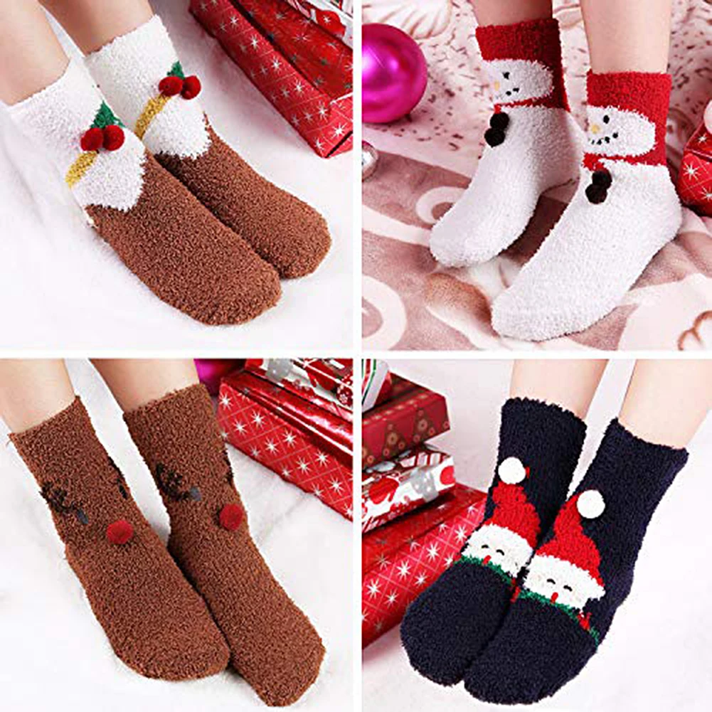 4 Pairs Xmas Sock Holiday Fluffy Plush Slipper Socks Cozy Winter Warm Thick Coral Velvet Soft Bed Floor Sock For Home Gift Decor