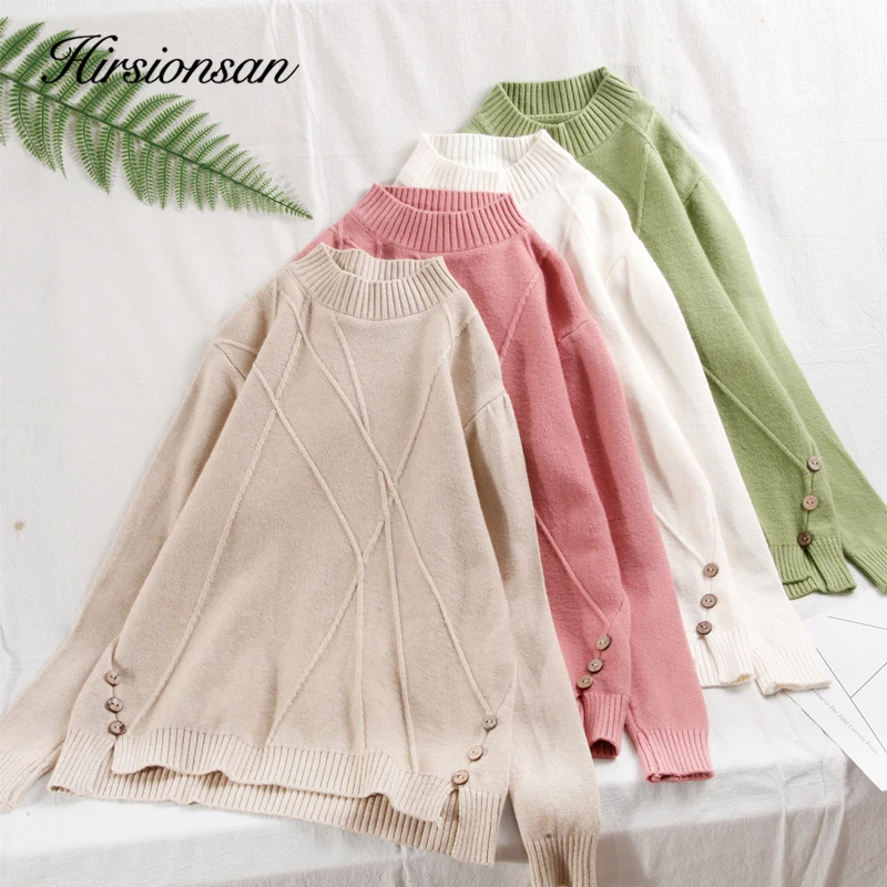 Hirsionsan Button Stripe Irregular Casual Sweater Women Autumn Winter Knit Oversized Warm Pullover Soft O Neck Chic Jumper Pull | Женская