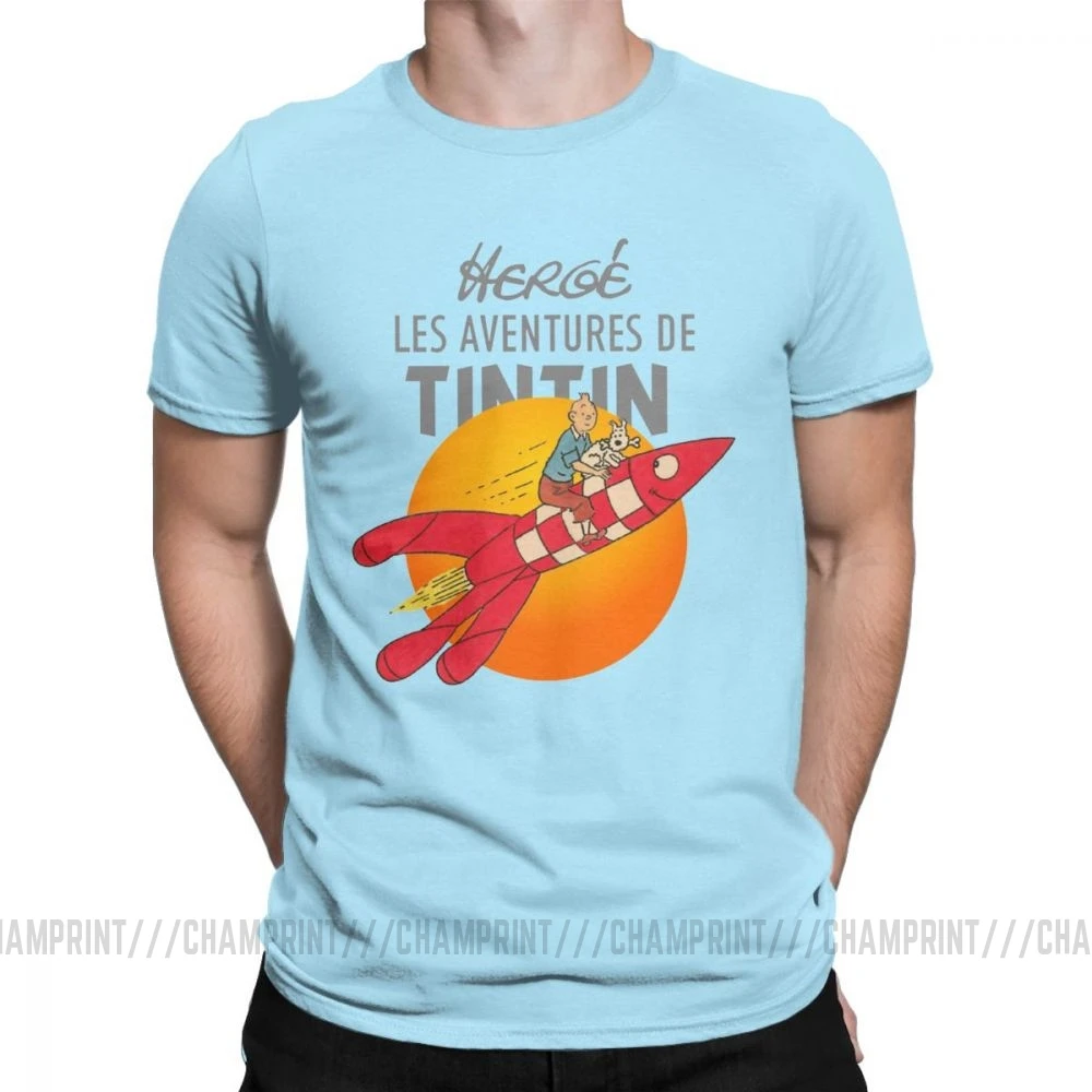 Мужские футболки TINTIN The adventures Of Tintin винтажные хлопковые футболки с коротким рукавом Одежда с вырезом лодочкой топы размера плюс - Цвет: Небесно-голубой