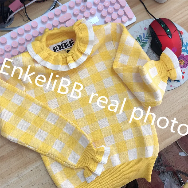 Bebe bebe/корейский бренд; осенне-зимние свитера для маленьких девочек; модные дизайнерские топы для маленьких девочек; клетчатый свитер с оборками; темно-синяя Толстовка