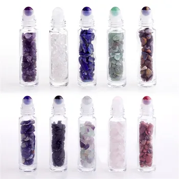 

10pcs 10ml Natural Semiprecious Stones Gemstone Roller Ball Essential Oil Bottles Healing Crystal Chips Inside Transparent Glass