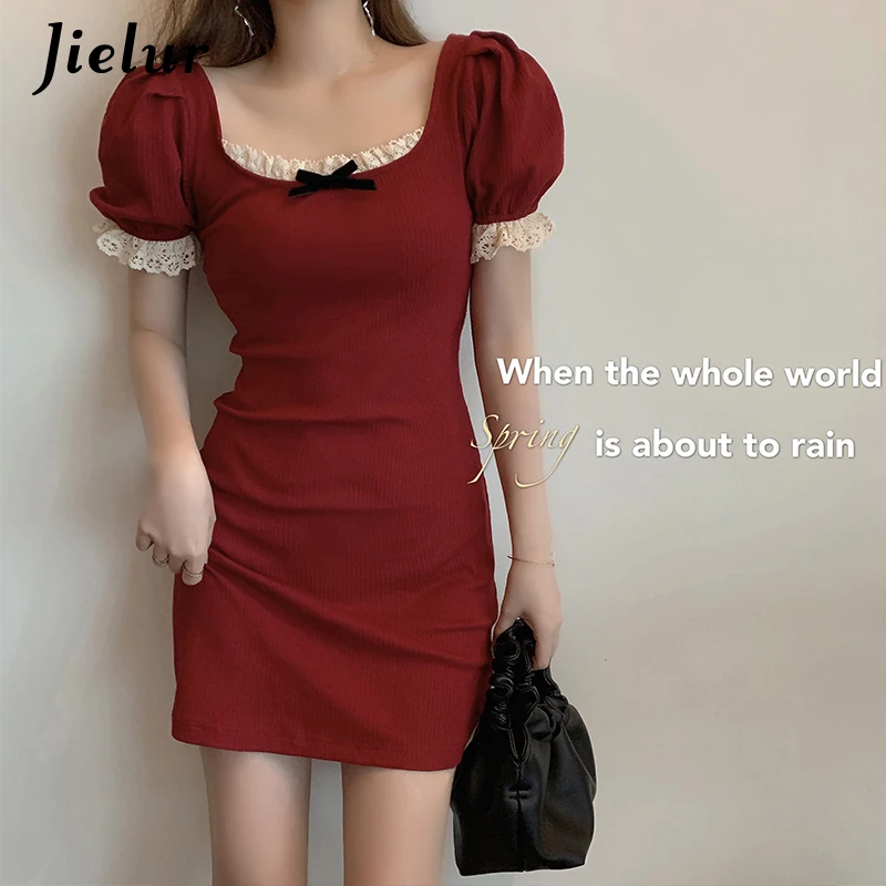 

Женское кружевное платье Jielur Красное трикотажное платье с квадратным вырезом и пышными рукавами, сексуальное облегающее платье черного цвета для весны и лета