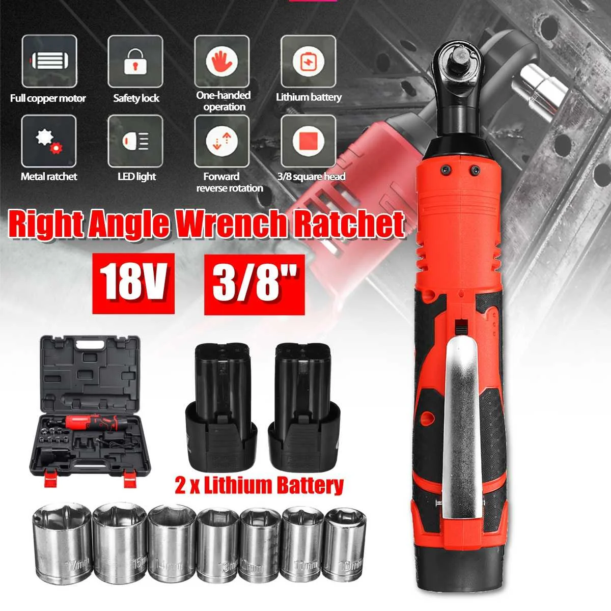 

Portable 18V Cordless 3/8'' Electric 60N.m Rechargeable Ratchet 90 Degree Right Angle Wrench Socket Set Tools w/2 battery