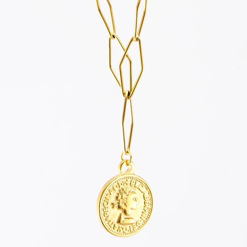 

Stainless Steel chain coin penny cent necklace women big square Unique Long link chain silver/gold color collares de moda
