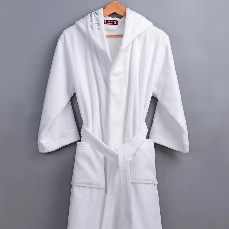 Женский халат, хлопковые зимние купальные халаты с капюшоном, женские махровые полотенца, толстые теплые длинные струнные халаты для пар, гостиниц, домашний халат - Цвет: White