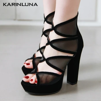 

Karinluna New Dropship Plus Size 43 Square High Heels Women Shoes Woman Classic Air Mesh Platform Summer Boot Sandals Female