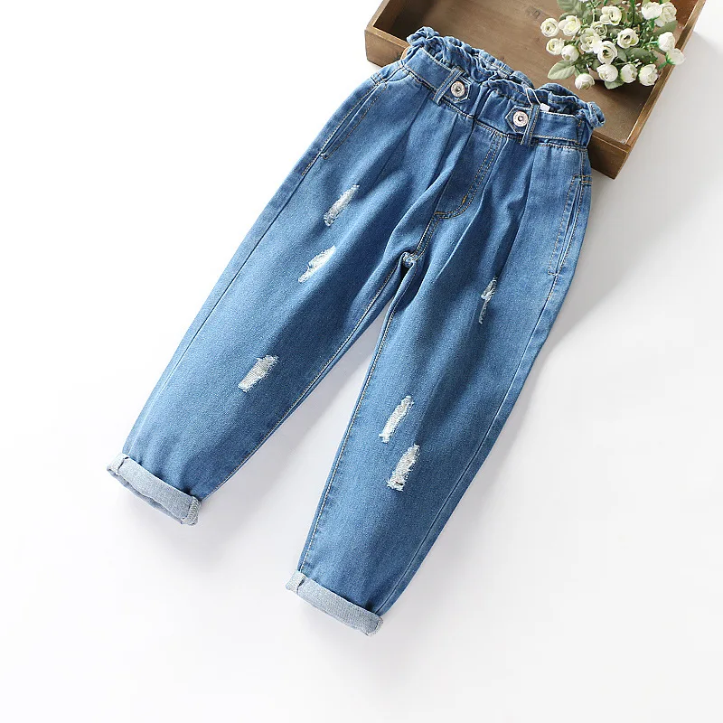 Autumn Clothing Crawler Fashion High-waisted Frilled Girls with Holes Jeans Big Kid Loose Version of Long Pants 110-160