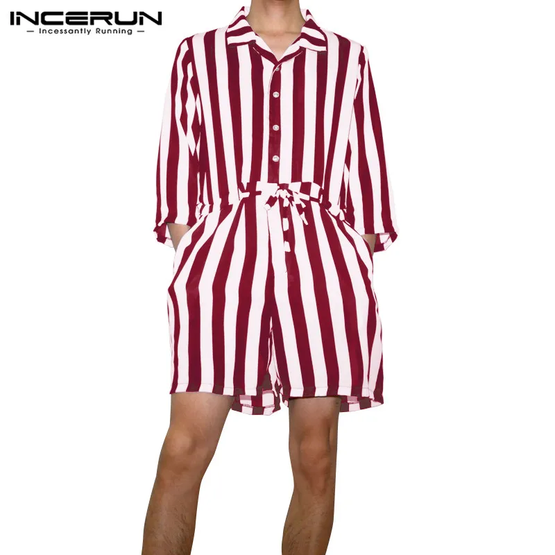 INCERUN, мужской модный ретро комбинезон в полоску с отворотом и рукавом 3/4, повседневный элегантный свободный пояс, мужской комбинезон, уличные джоггеры