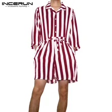 INCERUN, мужской модный ретро комбинезон в полоску с отворотом и рукавом 3/4, повседневный элегантный свободный пояс, мужской комбинезон, уличные джоггеры