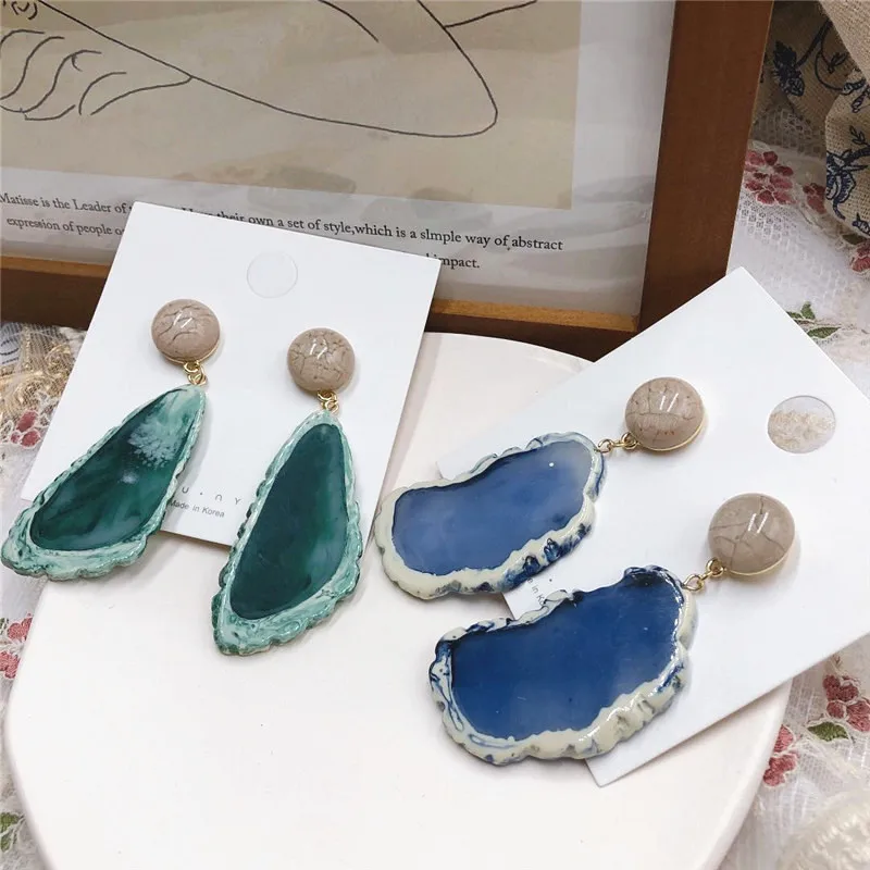 15Vintage Blue Pink Stone Resin Earrings Big Long Drop Earrings For Women Statement Jewelry Pendientes Mujer Moda 2019 Ohrringe