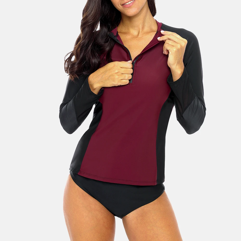 Women Long Sleeve Front Zipper Rashguard Shirt Swimsuit Patchwork Swimwear Surfing Top Hiking Shirt Rash Guard UPF50+