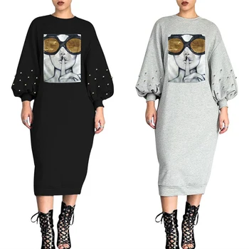 

Bikitique Bubble Sleeve Nail Bead Sequin Print Waist Warm Winter Dress Commuter Casual Elegant Cool Vintage Dress