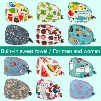 

Medical cotton nurse cap pharmacy surgical hat cartoon printing scrub pet hospital doctor work cap nursing accessories wholesale