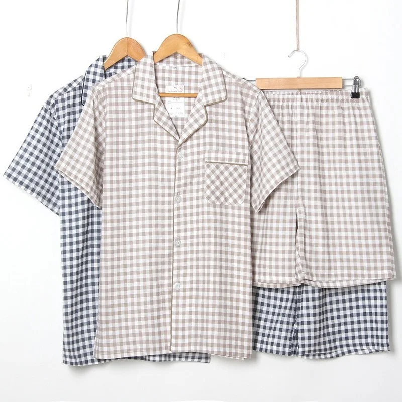 Pajamas set man pajamas set men's short-sleeved summer cotton yarn nightwear plaid turn-down collar men pajama sets plus size