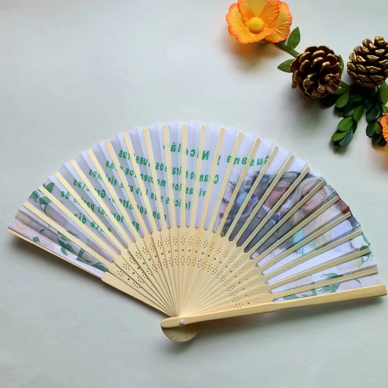 100pcs/lot Customized Silk fabric folding fan with Bride & Groom's Picture & Wedding date Printed hand held Wedding Gift Favor