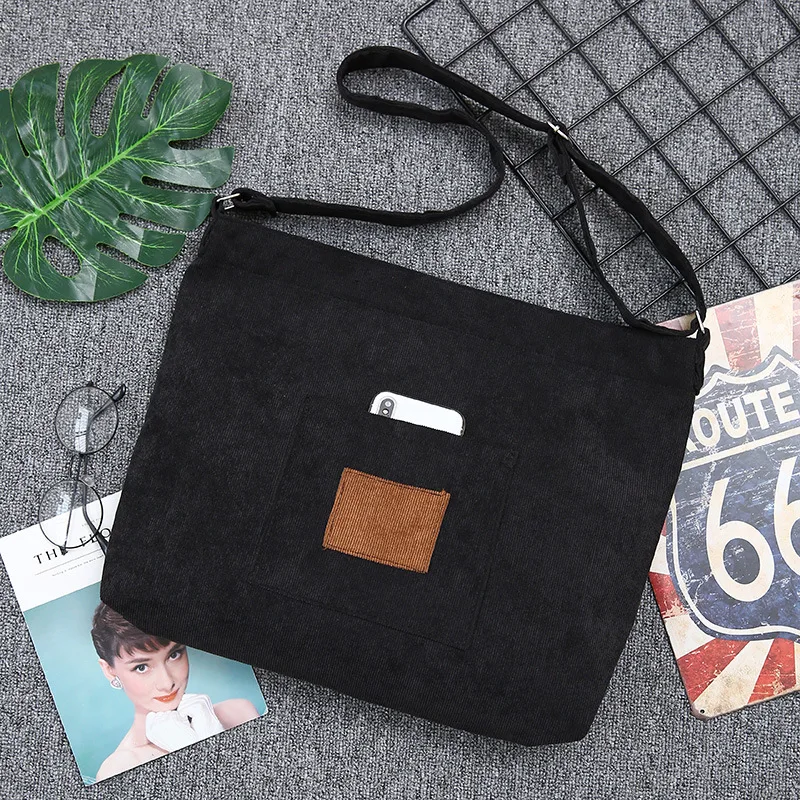 corduroy black Женская Холщовая Сумка На Молнии, женская сумка, повседневная сумка для покупок, Женская Эко сумка через плечо, для девушек, винтажные сумки-мессенджеры - Цвет: corduroy black