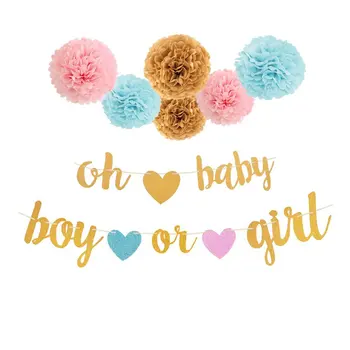 

Baby Shower Pink Blue Bunting Boy Or Girl Hanging Supplies Banner Paper Pompom Tissue Flower Gender Reveal Party Decoration